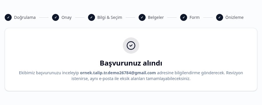 Başvurunuz alındı bilgilendirme ekranı