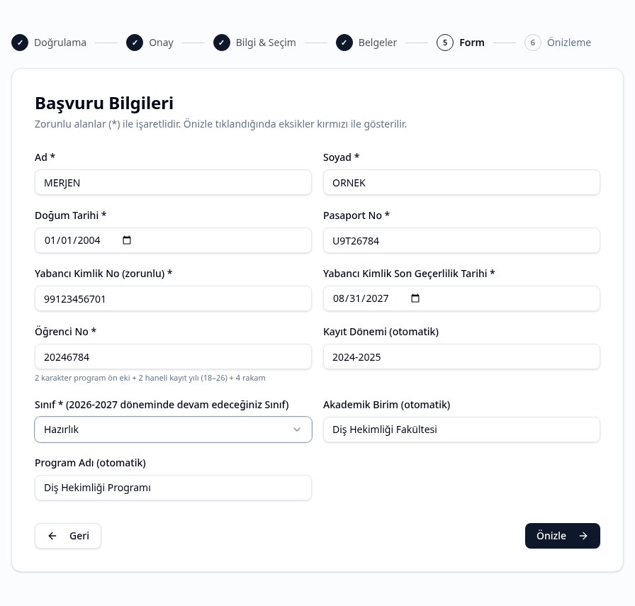 Kişisel ve akademik bilgilerin bulunduğu başvuru formu ekranı
