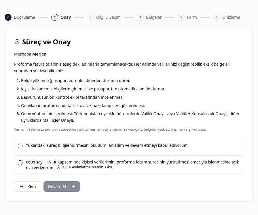 Süreç bilgilendirme ve KVKK açık rıza onay ekranı